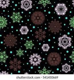 Vector illustration. Green and brown Christmas frame with abstract snowflakes and dots on black background.