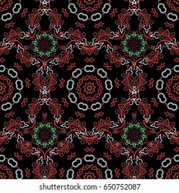 Vector illustration. In green and brown colors on a black background. Ikat damask seamless pattern background tile.