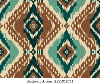 Vector illustration of green, brown and cream Ikat pattern in tribal style. For design, textile, decoration, creative background, symmetrical pattern.