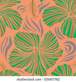 Vector illustration. Vector illustration of green, brown and orange hibiscus flowers. Seamless pattern with green, brown and orange flowers.