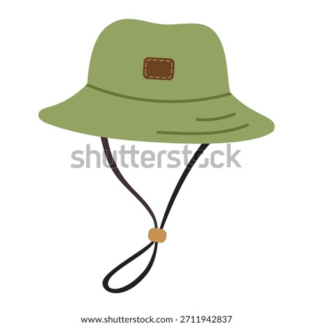 Vector illustration of a green bucket hat with a chin strap in flat style. Outdoor headwear isolated on a white background. Suitable for camping, hiking, fishing, and travel themes.