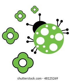 a vector illustration of a green bug and flowers