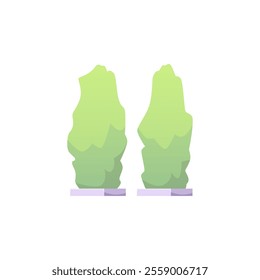Vector illustration of green bushes on platform. Botanical plant in flat cartoon style. Trees on isolated background for decoration. Environment. Elements for landscape.