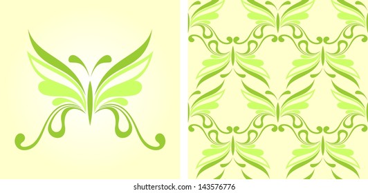 Vector illustration of green butterfly and pattern
