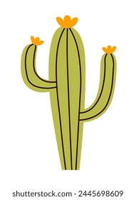 Vector illustration of a green cactus with cheerful yellow flowers, isolated on white.