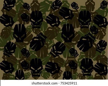 A vector illustration of a green camouflage pattern made of sharp edged skull vector randomized all over the pattern with three different colors black brown and olive with a beige background