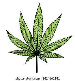 Vector illustration of green cannabis leaf on white background.