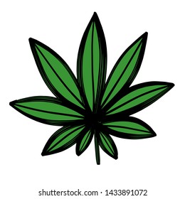 Vector illustration of green cannabis leaf on white background.