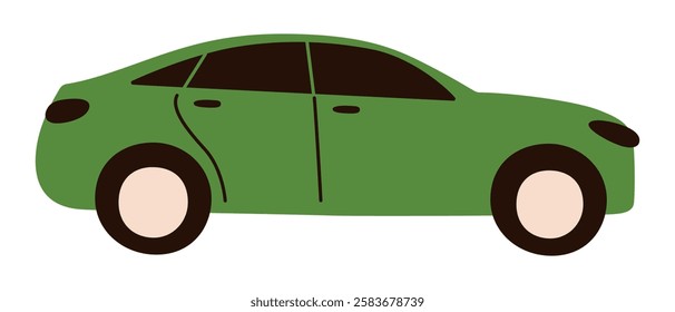 Vector illustration of green car in minimalist and flat cartoon style. Simple side view with rounded shapes and modern look, doodle automobile icon, roid safety, transportation, and travel concept