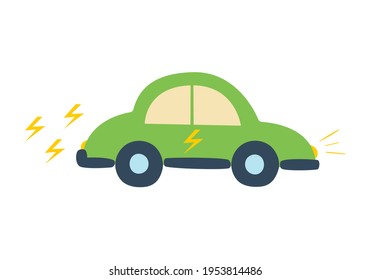 Vector illustration, green car running on electricity, electric car, isolated element on a white background. Protection of the environment and ecology