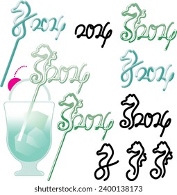 Vector illustration of a green carbonated drink with ice cream topped with a straw in the shape of a seahorse. Anyone can easily use this2