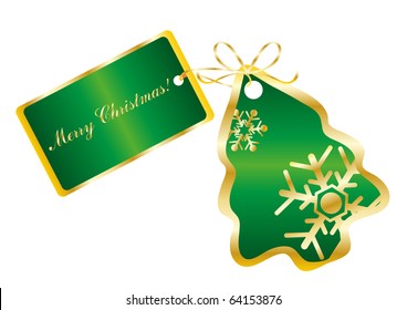 Vector illustration of a green card in the shape of a tree with the text Merry Christmas