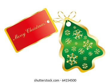 Vector illustration of a green card in the shape of a tree with the text Merry Christmas on a red card