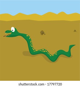 Vector illustration of a green cartoon snake in the desert. For jpeg version, please see my portfolio.