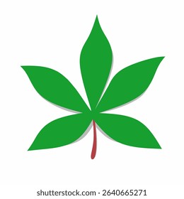 Vector illustration of green cassava leaf with red stalk. Leaf Isolated on white background