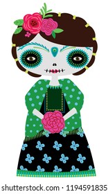 Vector illustration of green catrina doll on a white background. Celebrating the day of the dead and Halloween. Use in scrapbooking, crafts, fabric, wallpaper