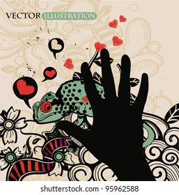 vector illustration of a green chameleon and an abstract protecting hand