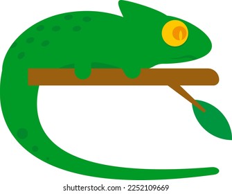 Ilustración vectorial de un camaleón verde sobre una rama. Lagartija verde.