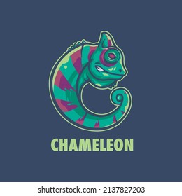 Vector illustration of a green chameleon with stripes on a dark background. The concepts of change and resilience are represented by the chameleon metaphor.