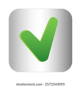 Vector illustration of a green check mark icon on a silver metallic button . Suitable for web interfaces, approval symbols, confirmation signs .