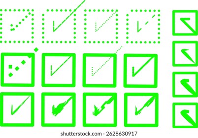Ilustración vectorial de un ícono de lista de verificación verde con diferentes marcas de verificación con estilo. Consta de cuatro casillas cuadradas que indican el Estado de una tarea completada. Adecuado para su uso en el diseño de la interfaz de usuario (UI)