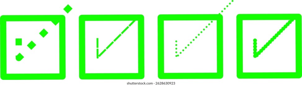 Vector illustration of a green checklist icon with different styled check marks. Consists of four square boxes indicating the status of a completed task. Suitable for use in user interface (UI) design