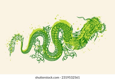 Vector illustration of a green Chinese dragon. Tattoo of green dragon in asian style. Chinese new year 2024.