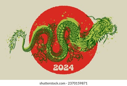 Vector illustration of a green Chinese dragon. Tattoo of green dragon in asian style. Chinese new year 2024.