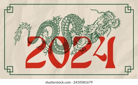 Vector illustration of a green Chinese dragon. Tattoo of green dragon in asian style is on vintage old paper. Chinese new year 2024.