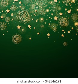 Vector Illustration of a Green Christmas Background with Snowflakes