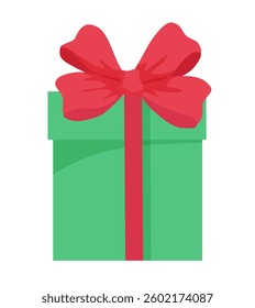 Vector illustration of a green Christmas present box with a red ribbon, isolated on white background.