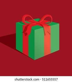 A vector illustration of a green Christmas present with a red ribbon on a dark red background