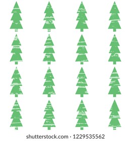 Vector illustration of green Christmas tree on white background hand made, artistic. New Year's Gentle Illustration, with old vintage texture. Cute new year greeting card design template.
