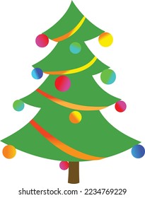 Vector illustration of Green Christmas tree with Christmas balls and ribbon decoration