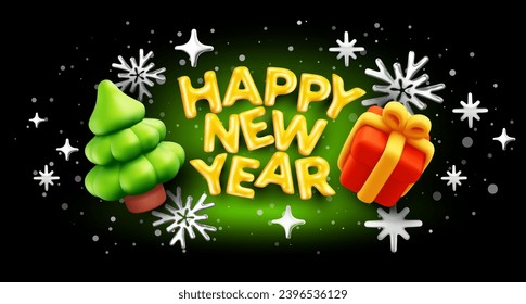 Vector illustration of green christmas tree and golden text happy new year on black color background with snowflake and gift box. 3d style winter holiday decorative design of happy new year 2024