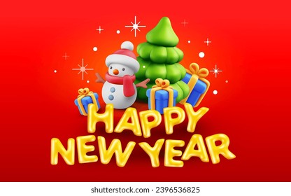 Vektorgrafik von grünen Weihnachtsbaum und goldenem Text glücklich neues Jahr auf rotem Hintergrund mit Schneemann und Geschenkbox. Winterferien im 3D-Stil des glücklichen neuen Jahres 2024. Dekoratives Symbol