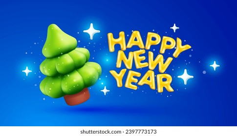 Vector illustration of green christmas tree and golden text happy new year on blue color background with star. 3d style winter holiday design of happy new year 2024. Decorative symbol and present