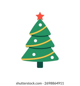 Vector illustration of a green Christmas tree with yellow garlands, white ornaments, and a red star on top, isolated on a white background. Festive holiday element in flat style.