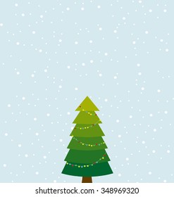 Vector illustration of the green Christmas tree on the winter day.
Christmas decoration on the tree.
Big copy space on the top of the image.