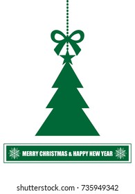 Vector illustration of green Christmas tree with star, ribbon and "MERRY CHRISTMAS&HAPPY NEW YEAR" text on white background. Design for Merry Christmas, Happy New Year or Happy Holidays Greeting Card.