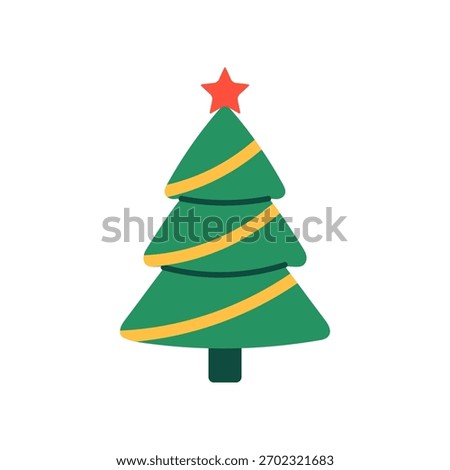 Vector illustration of green Christmas tree with yellow garland and red star on top, isolated on white background. Minimal festive holiday element in flat style.