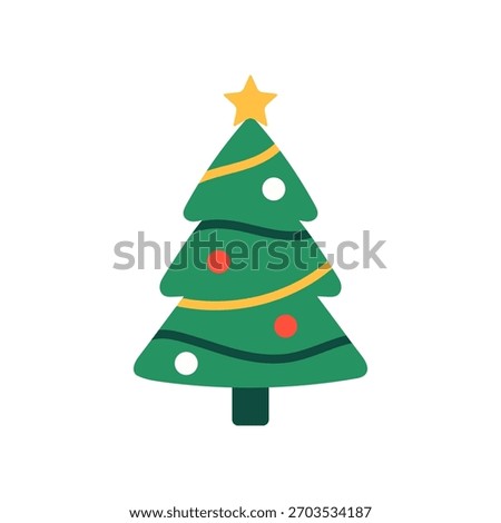 Vector illustration of green Christmas tree with yellow garlands, red and white ornaments, and yellow star on top, isolated on white background. Festive holiday design in flat style. Cute icon.