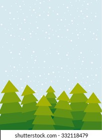 Vector illustration of the green Christmas trees on the snowy day.
Big copy space on the top of the image.
Snow falling in the background.