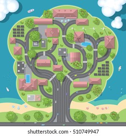 Vector illustration. Green City in the form of a tree. (Top view) 
Houses, buildings, roads, solar panels, wind turbines, trees, beach, water. (View from above)