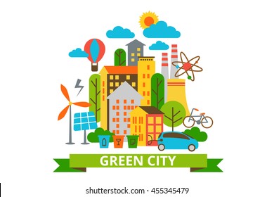 Vector illustration, green city on white background. Ecology lifestyle, info graphic elements, Can be used for banner, diagram, web design, time line, statistic brochure template. 