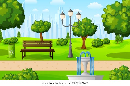 Vector illustration of Green city park with bench and fountain