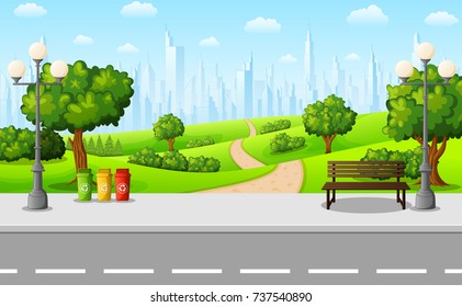 Vector illustration of Green city park with bench and streetlight on suburban