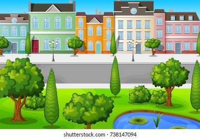 Vector illustration of Green cityscape with buildings and trees