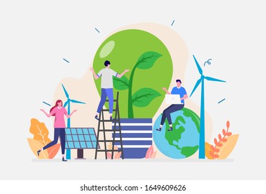 Ilustración de vectores, Concepto de Energía Limpia Verde, Mostrando estilo de vida verde usando energía de energía verde, Adecuada para página de inicio, UI, web, tarjeta de introducción de aplicaciones y otros