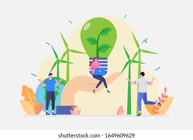 Vector Illustration, Green Clean Energy Concept, Showing green lifestyle using power from green energy, Suitable for landing page, UI, web, App intro card, and others